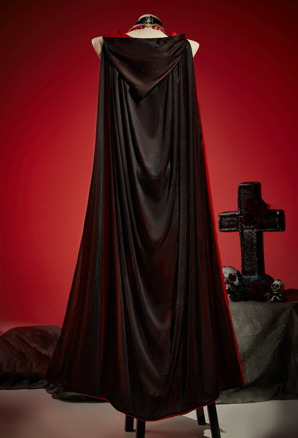 Dark Shadow Gothic Black Sexy Suit Cutout Bodysuit with Long Cape and Necklace