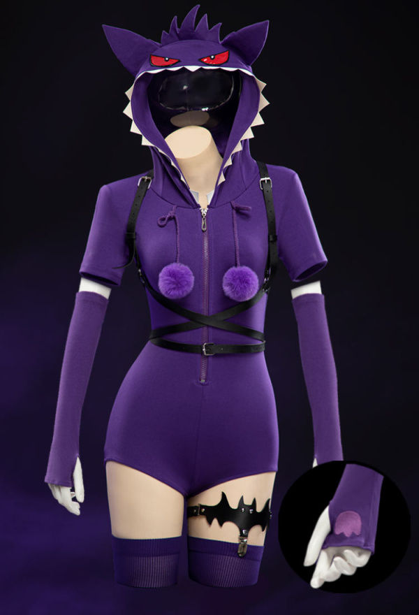 Purple Ghost Sexy Romper Bodysuit Hooded and Stocking with Belt and Tail