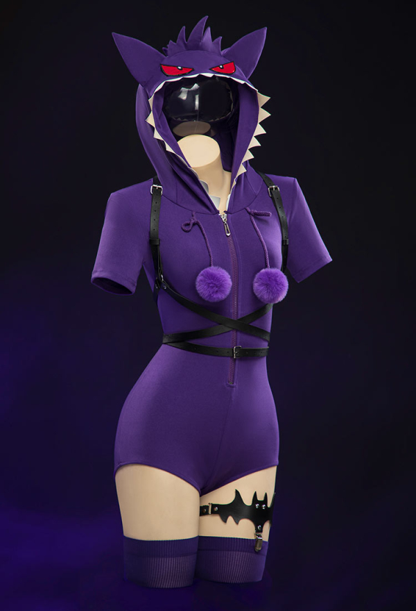 Purple Ghost Sexy Romper Bodysuit Hooded and Stocking with Belt and Tail