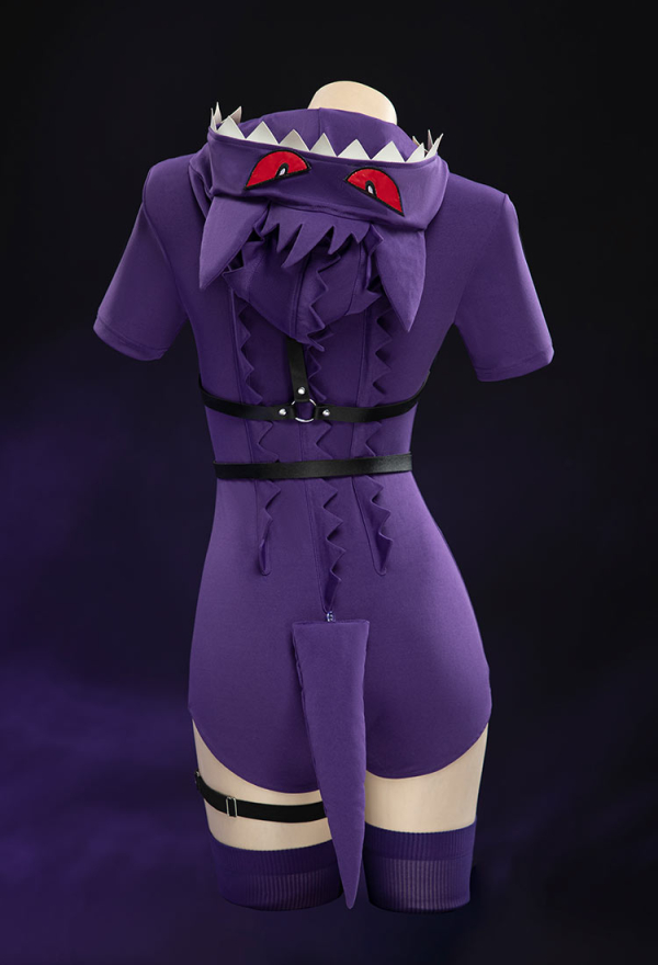 Purple Ghost Sexy Romper Bodysuit Hooded and Stocking with Belt and Tail