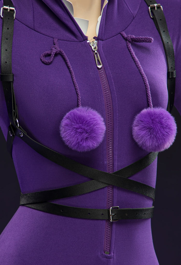 Purple Ghost Sexy Romper Bodysuit Hooded and Stocking with Belt and Tail