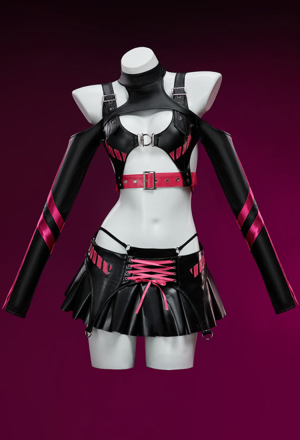 Dark Wave Gothic PU Leather Lingerie Set Black and Pink Jacket and Pleated Skirt