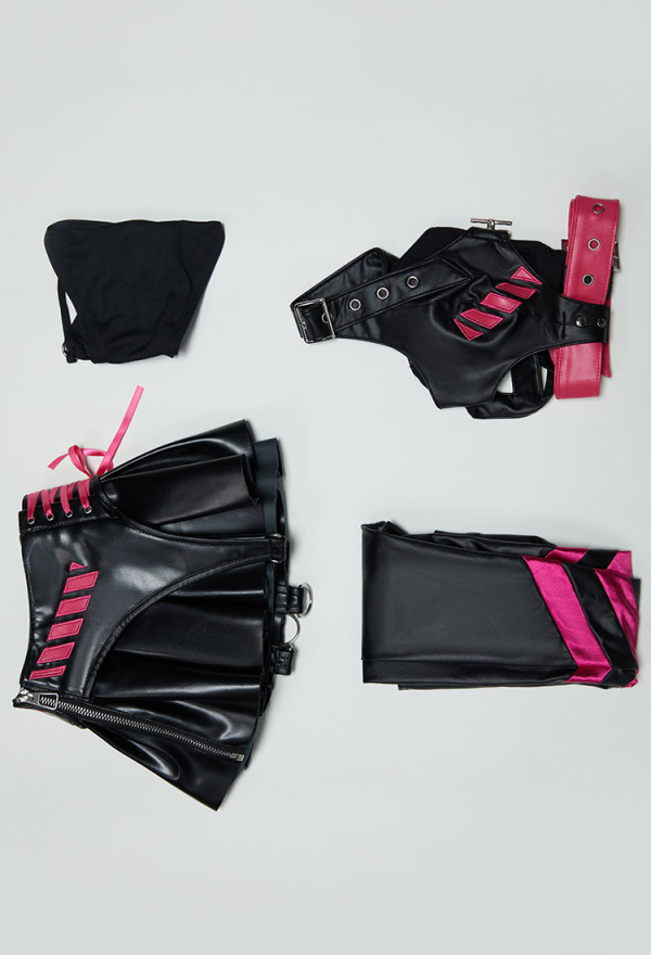 Dark Wave Gothic PU Leather Lingerie Set Black and Pink Jacket and Pleated Skirt
