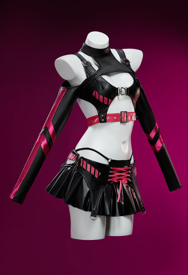 Dark Wave Gothic PU Leather Lingerie Set Black and Pink Jacket and Pleated Skirt