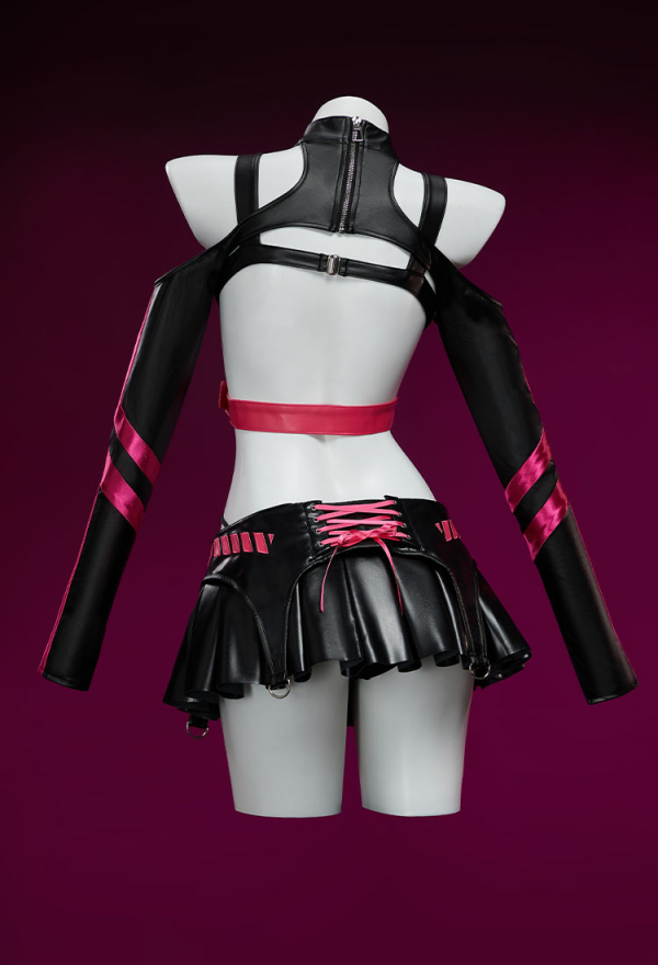 Dark Wave Gothic PU Leather Lingerie Set Black and Pink Jacket and Pleated Skirt