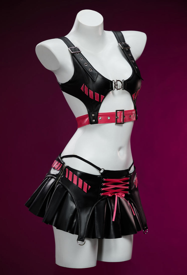 Dark Wave Gothic PU Leather Lingerie Set Black and Pink Jacket and Pleated Skirt