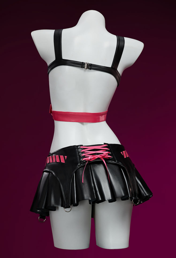Dark Wave Gothic PU Leather Lingerie Set Black and Pink Jacket and Pleated Skirt