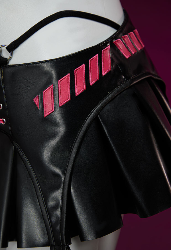 Dark Wave Gothic PU Leather Lingerie Set Black and Pink Jacket and Pleated Skirt