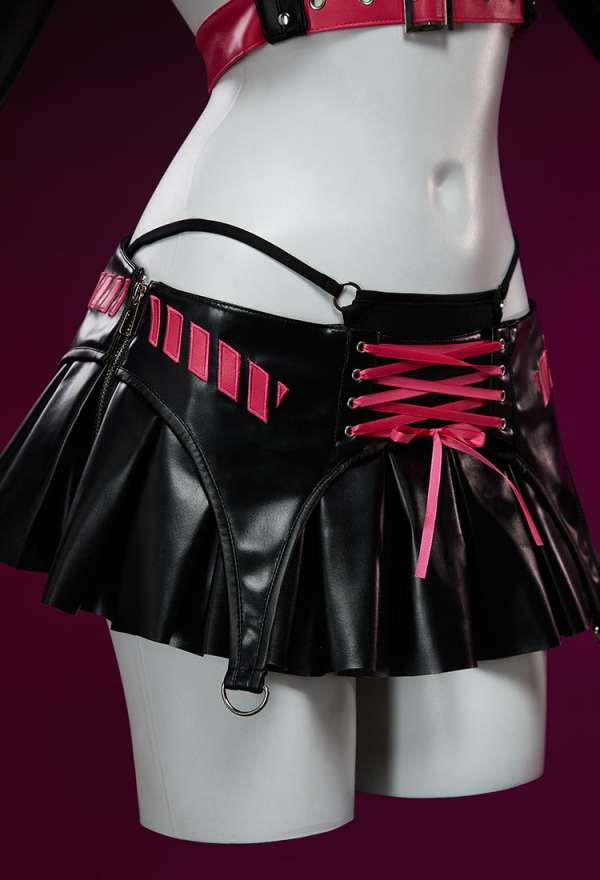 Dark Wave Gothic PU Leather Lingerie Set Black and Pink Jacket and Pleated Skirt