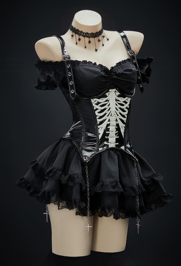 Miss Misa Gothic Black Corset Skirt Set Skeleton Corset and Layered Skirt with Gloves Miss Misa Gothic Black Corset Skirt Set Skeleton Corset and Layered Skirt with Gloves