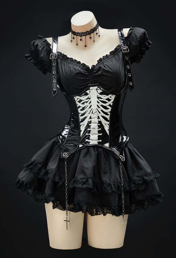 Miss Misa Gothic Black Corset Skirt Set Skeleton Corset and Layered Skirt with Gloves Miss Misa Gothic Black Corset Skirt Set Skeleton Corset and Layered Skirt with Gloves