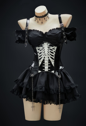 Miss Misa Gothic Black Corset Skirt Set Skeleton Corset and Layered Skirt with Gloves