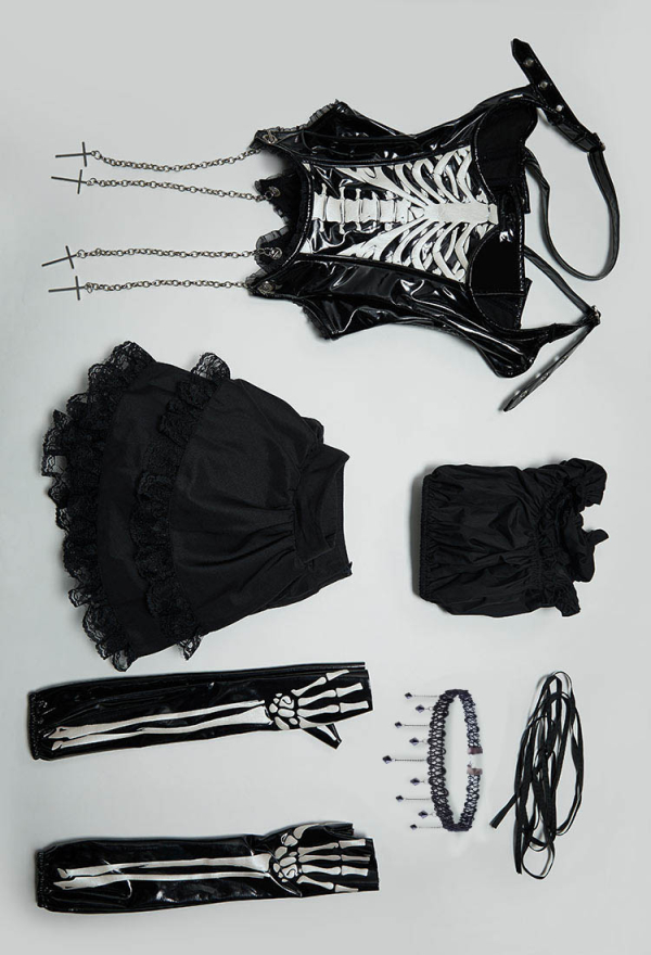 Miss Misa Gothic Black Corset Skirt Set Skeleton Corset and Layered Skirt with Gloves Miss Misa Gothic Black Corset Skirt Set Skeleton Corset and Layered Skirt with Gloves