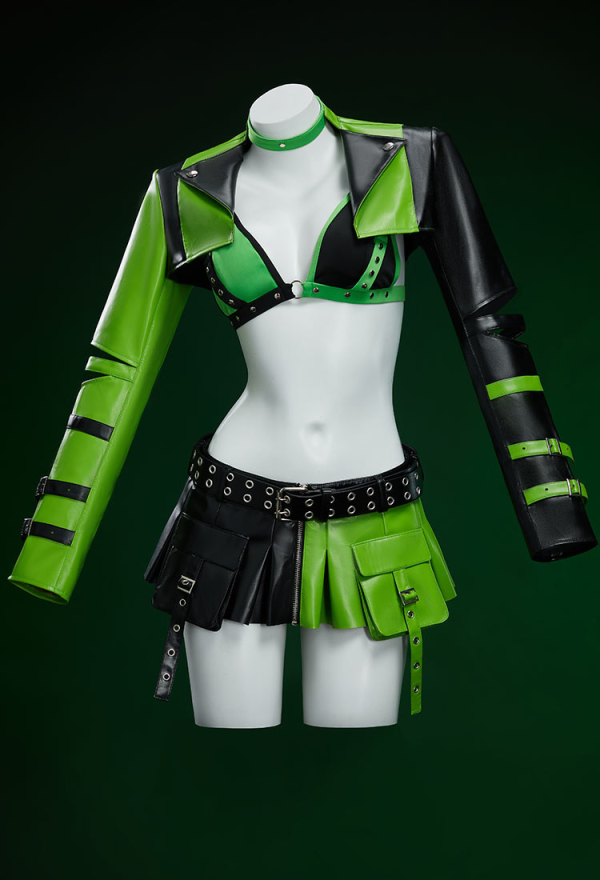 Green Menace Gothic PU Leather Lingerie Set Black and Green Jacket and Pleated Skirt Green Menace Gothic PU Leather Lingerie Set Black and Green Jacket and Pleated Skirt
