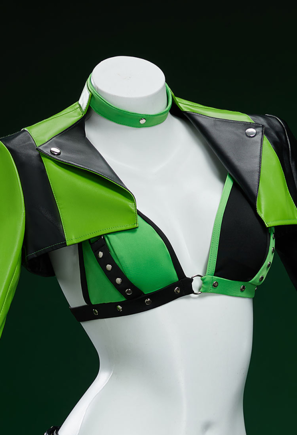 Green Menace Gothic PU Leather Lingerie Set Black and Green Jacket and Pleated Skirt Green Menace Gothic PU Leather Lingerie Set Black and Green Jacket and Pleated Skirt