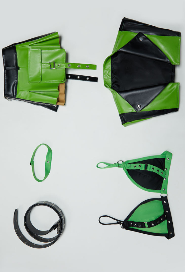 Green Menace Gothic PU Leather Lingerie Set Black and Green Jacket and Pleated Skirt Green Menace Gothic PU Leather Lingerie Set Black and Green Jacket and Pleated Skirt