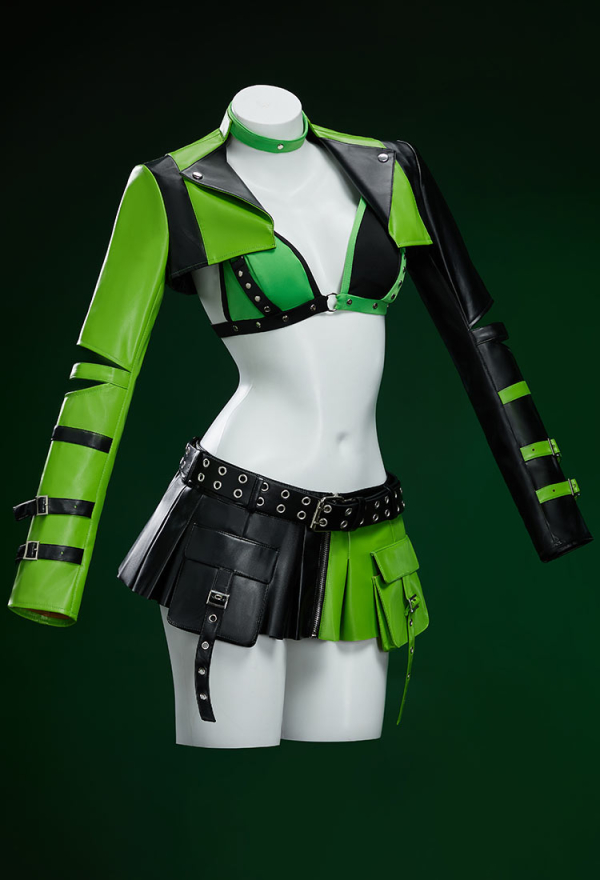 Green Menace Gothic PU Leather Lingerie Set Black and Green Jacket and Pleated Skirt Green Menace Gothic PU Leather Lingerie Set Black and Green Jacket and Pleated Skirt