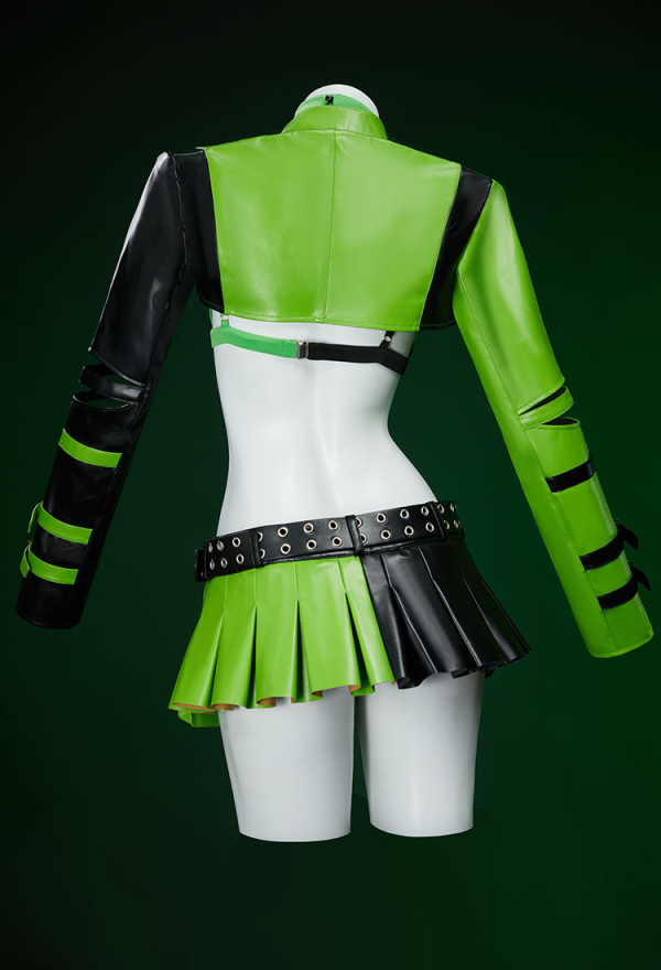 Green Menace Gothic PU Leather Lingerie Set Black and Green Jacket and Pleated Skirt Green Menace Gothic PU Leather Lingerie Set Black and Green Jacket and Pleated Skirt