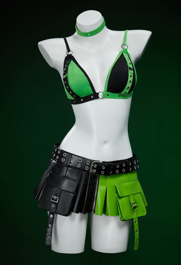 Green Menace Gothic PU Leather Lingerie Set Black and Green Jacket and Pleated Skirt Green Menace Gothic PU Leather Lingerie Set Black and Green Jacket and Pleated Skirt