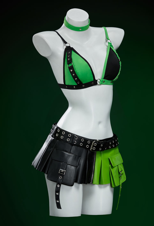 Green Menace Gothic PU Leather Lingerie Set Black and Green Jacket and Pleated Skirt Green Menace Gothic PU Leather Lingerie Set Black and Green Jacket and Pleated Skirt