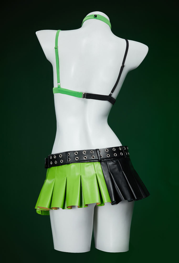 Green Menace Gothic PU Leather Lingerie Set Black and Green Jacket and Pleated Skirt Green Menace Gothic PU Leather Lingerie Set Black and Green Jacket and Pleated Skirt