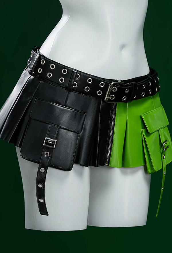 Green Menace Gothic PU Leather Lingerie Set Black and Green Jacket and Pleated Skirt Green Menace Gothic PU Leather Lingerie Set Black and Green Jacket and Pleated Skirt
