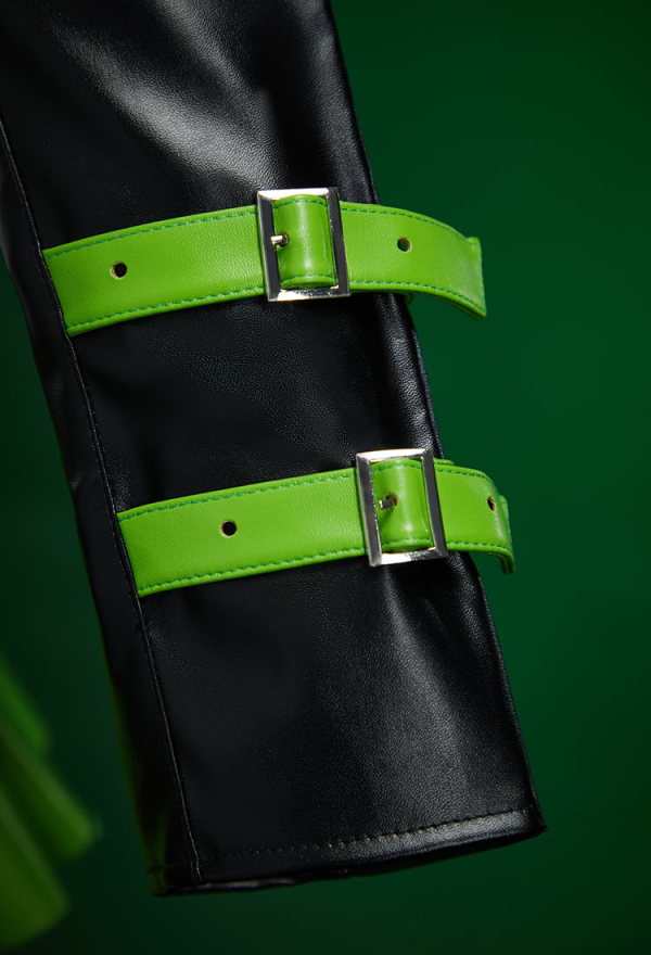 Green Menace Gothic PU Leather Lingerie Set Black and Green Jacket and Pleated Skirt Green Menace Gothic PU Leather Lingerie Set Black and Green Jacket and Pleated Skirt