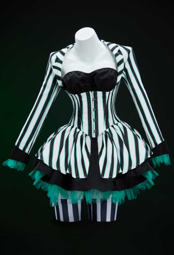 Graveyard Glam Halloween Gothic Black White Striped Suit Dark Style Tube Top and Long Sleeve Top with Skirt and Socks