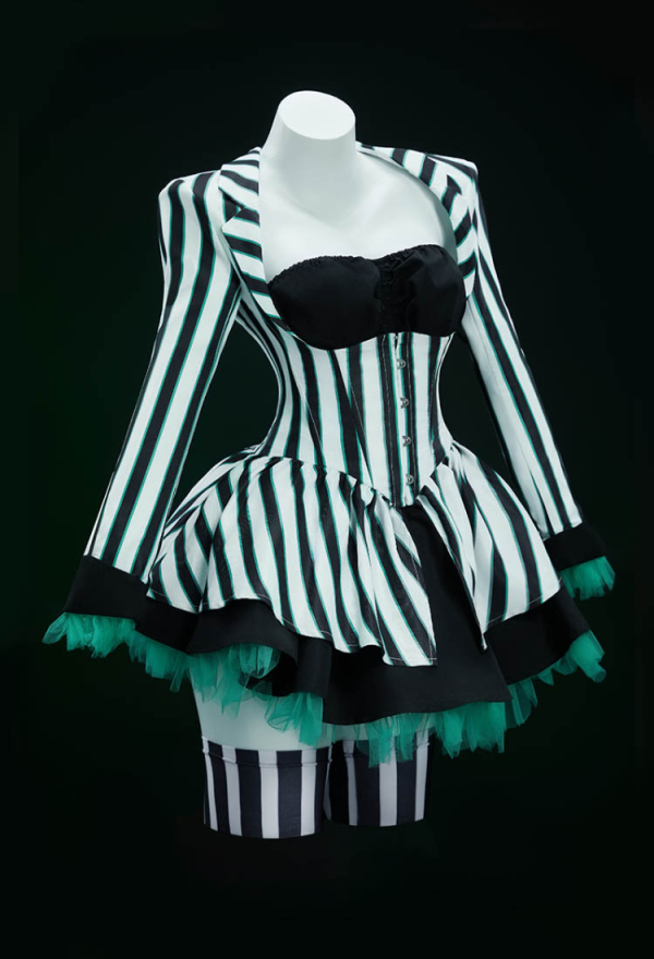 Graveyard Glam Halloween Gothic Black White Striped Suit Dark Style Tube Top and Long Sleeve Top with Skirt and Socks