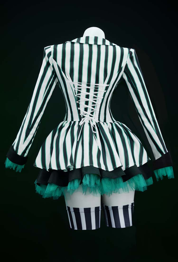 Graveyard Glam Halloween Gothic Black White Striped Suit Dark Style Tube Top and Long Sleeve Top with Skirt and Socks
