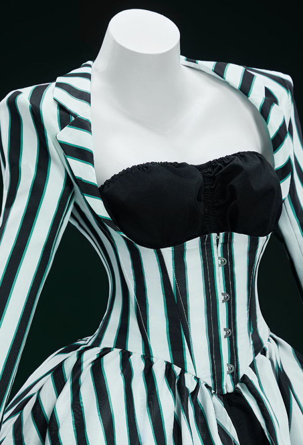 Graveyard Glam Halloween Gothic Black White Striped Suit Dark Style Tube Top and Long Sleeve Top with Skirt and Socks