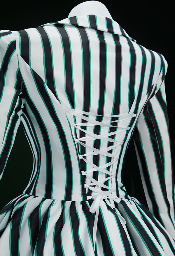 Graveyard Glam Halloween Gothic Black White Striped Suit Dark Style Tube Top and Long Sleeve Top with Skirt and Socks