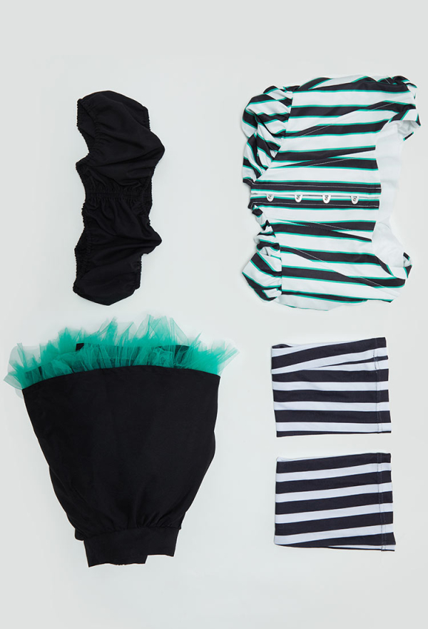 Graveyard Glam Halloween Gothic Black White Striped Suit Dark Style Tube Top and Long Sleeve Top with Skirt and Socks
