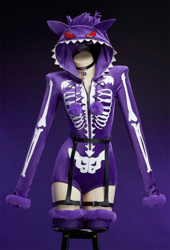 Purple Ghost Gothic Skull Print Fluffy Bodycon Romper Homewear Sexy Lingerie Furry Hooded Bodysuit with Tail and Socks