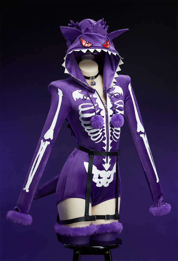 Purple Ghost Gothic Skull Print Fluffy Bodycon Romper Homewear Sexy Lingerie Furry Hooded Bodysuit with Tail and Socks