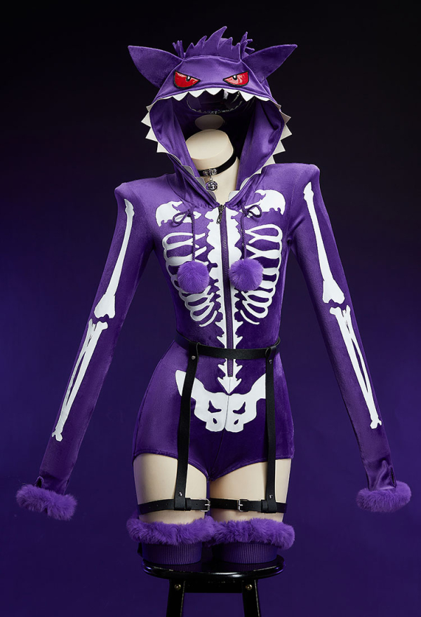 Purple Ghost Gothic Skull Print Fluffy Bodycon Romper Homewear Sexy Lingerie Furry Hooded Bodysuit with Tail and Socks