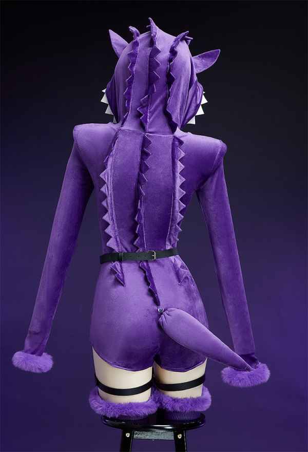 Purple Ghost Gothic Skull Print Fluffy Bodycon Romper Homewear Sexy Lingerie Furry Hooded Bodysuit with Tail and Socks