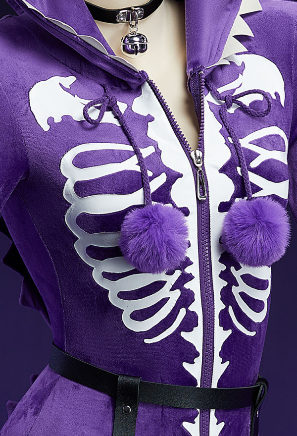 Purple Ghost Gothic Skull Print Fluffy Bodycon Romper Homewear Sexy Lingerie Furry Hooded Bodysuit with Tail and Socks