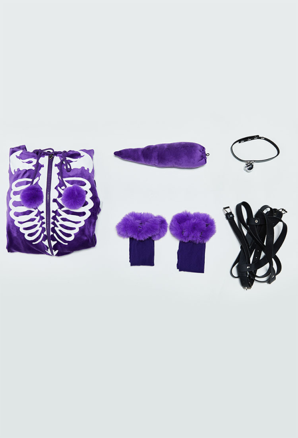 Purple Ghost Gothic Skull Print Fluffy Bodycon Romper Homewear Sexy Lingerie Furry Hooded Bodysuit with Tail and Socks