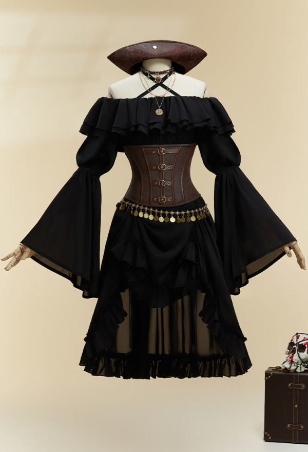 Cursed Corsair Halloween Black Pirate Style Suit Strapless Dress with Corset and Hat Cursed Corsair Halloween Black Pirate Style Suit Strapless Dress with Corset and Hat