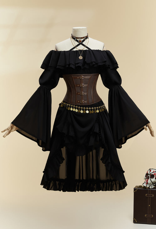 Cursed Corsair Halloween Black Pirate Style Suit Strapless Dress with Corset and Hat Cursed Corsair Halloween Black Pirate Style Suit Strapless Dress with Corset and Hat