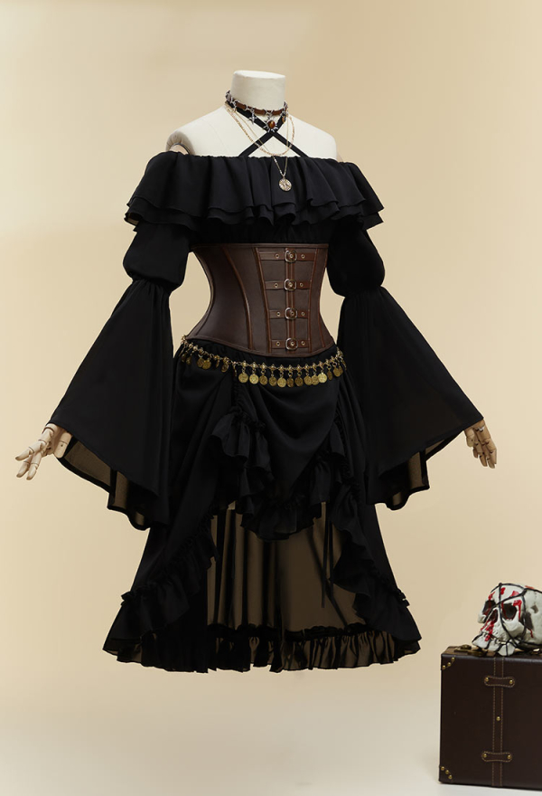 Cursed Corsair Halloween Black Pirate Style Suit Strapless Dress with Corset and Hat Cursed Corsair Halloween Black Pirate Style Suit Strapless Dress with Corset and Hat