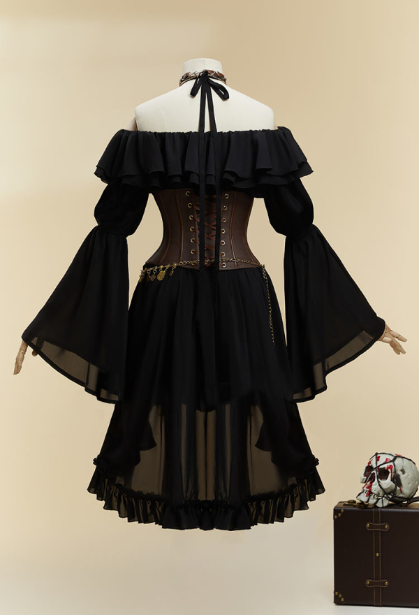 Cursed Corsair Halloween Black Pirate Style Suit Strapless Dress with Corset and Hat Cursed Corsair Halloween Black Pirate Style Suit Strapless Dress with Corset and Hat