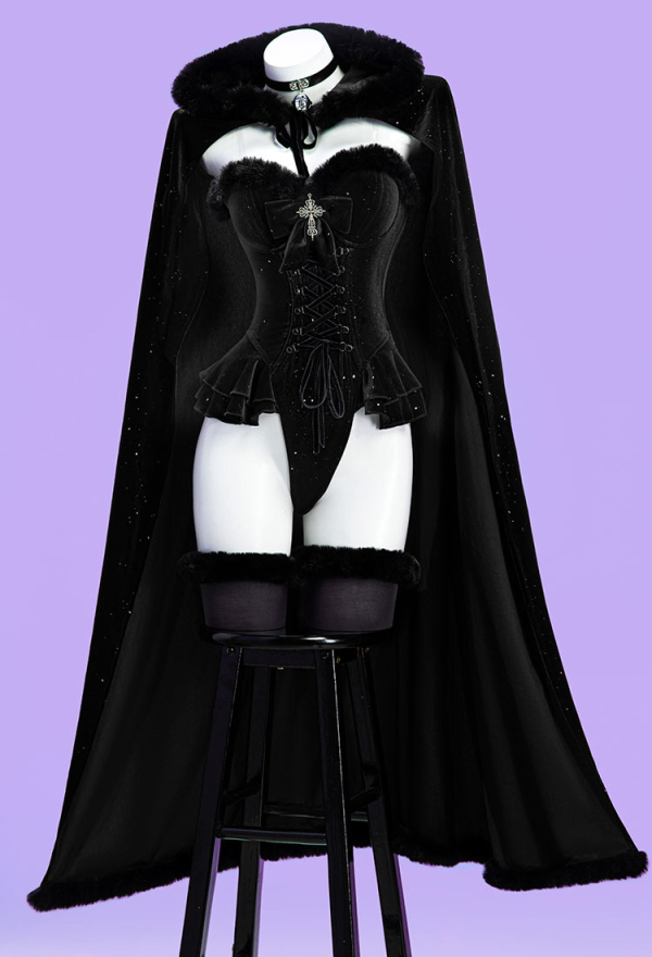Silent Night Christmas Gothic Plush Suit Velvet Bodysuit with Hooded Cloak and Gloves