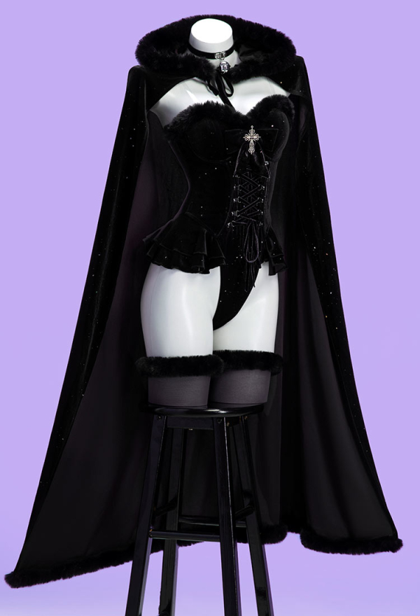 Silent Night Christmas Gothic Plush Suit Velvet Bodysuit with Hooded Cloak and Gloves