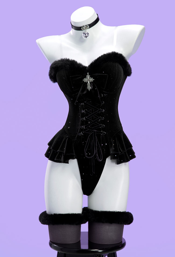 Silent Night Christmas Gothic Plush Suit Velvet Bodysuit with Hooded Cloak and Gloves