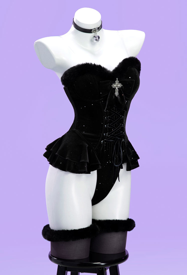 Silent Night Christmas Gothic Plush Suit Velvet Bodysuit with Hooded Cloak and Gloves