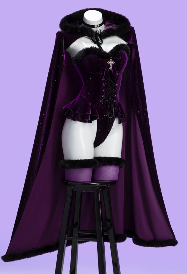 Silent Night Christmas Gothic Plush Suit Velvet Bodysuit with Hooded Cloak and Gloves