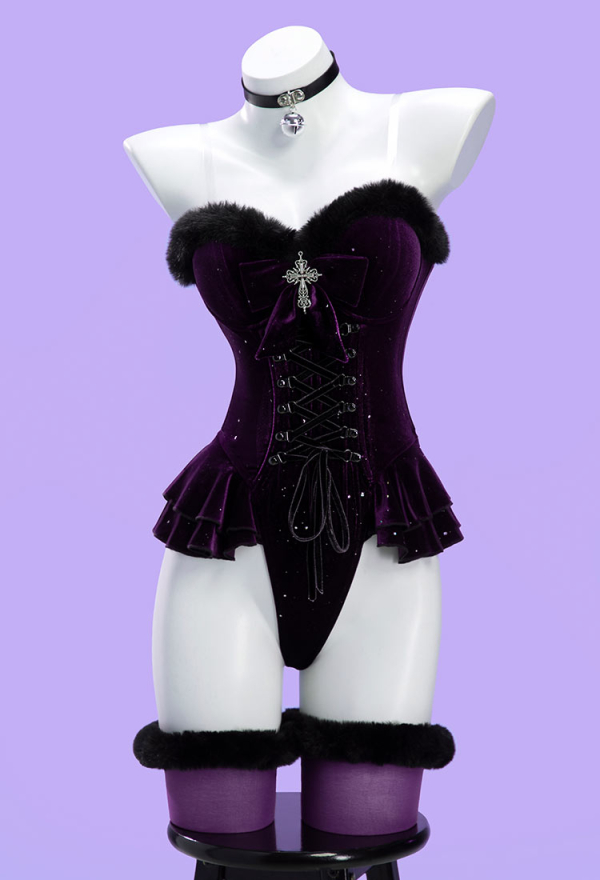 Silent Night Christmas Gothic Plush Suit Velvet Bodysuit with Hooded Cloak and Gloves