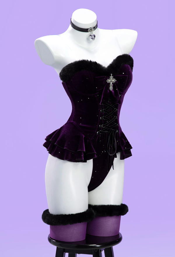 Silent Night Christmas Gothic Plush Suit Velvet Bodysuit with Hooded Cloak and Gloves